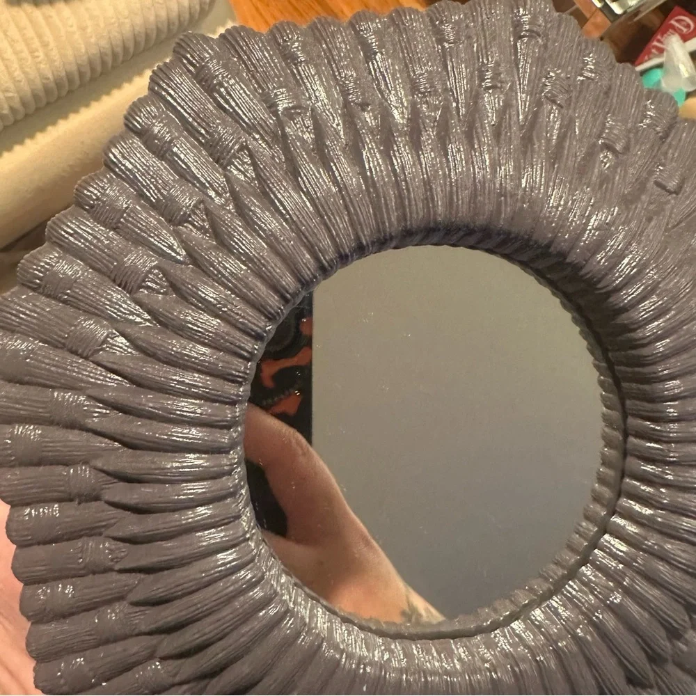 Vintage MCM Homco 7” White Octagon Faux Wicker Style Mirror Dark Purple Mini